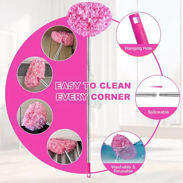 Alt view image 3 of 6 - Ceiling Fan Cleaner Duster Reusable Microfiber Ceiling Fan Blade Cleaner Removable Duster with Extension Pole Adjusts 13 to 49.7 Inch for Cleaning Walls Furniture Door Window Top (Rosy White)