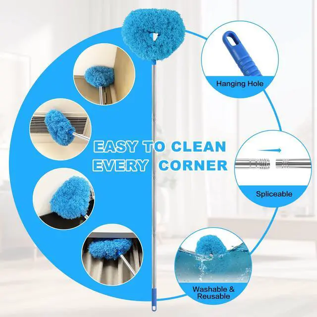 Alt view image 3 of 6 - Ceiling Fan Cleaner Duster Reusable Microfiber Ceiling Fan Blade Cleaner Removable Duster with Extension Pole Adjusts 13 to 49.7 Inch for Cleaning Walls Bookshelves Furniture Door Window Top (Blue)