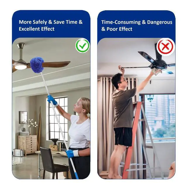 Alt view image 5 of 6 - Max 66'' Ceiling Fan Cleaner Duster Reusable Microfiber Ceiling Fan Blade Cleaner Removable Duster with Extension Pole for Cleaning Walls Bookshelves Furniture Door Window Top, Jewel Blue, 1 Pack