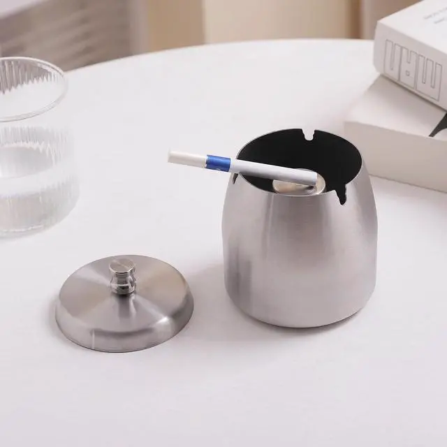 Alt view image 6 of 7 - Ashtray with Lid for Cigarette, Stainless Steel Smokeless Odorless Windproof Ashtrays for Home Office Tabletop Outside Patio Outdoor Balcony(3.54"x3.0"x3.38")
