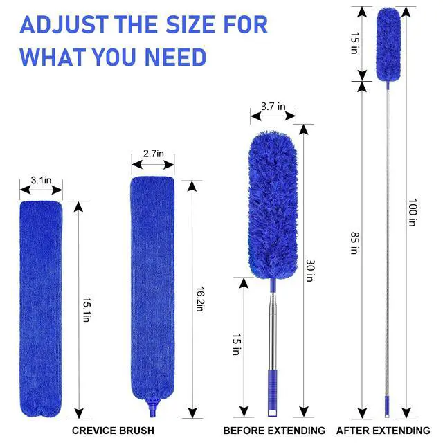 Alt view image 2 of 7 - Dusters for Cleaning 100-inch Extra-Long Gap Duster with Extension Pole Bendable Microfiber Head Washable Ceiling Fan Cleaner Duster Kit for High Ceilings, Blue