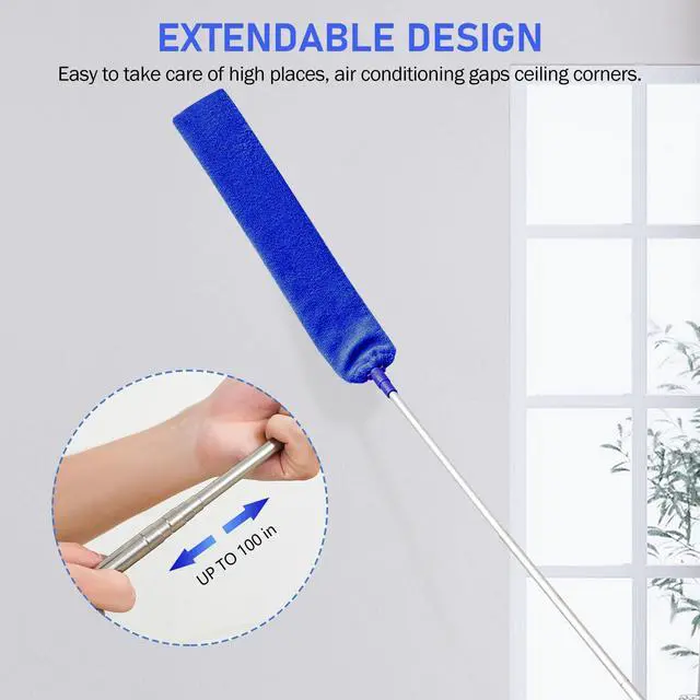 Alt view image 3 of 7 - Dusters for Cleaning 100-inch Extra-Long Gap Duster with Extension Pole Bendable Microfiber Head Washable Ceiling Fan Cleaner Duster Kit for High Ceilings, Blue