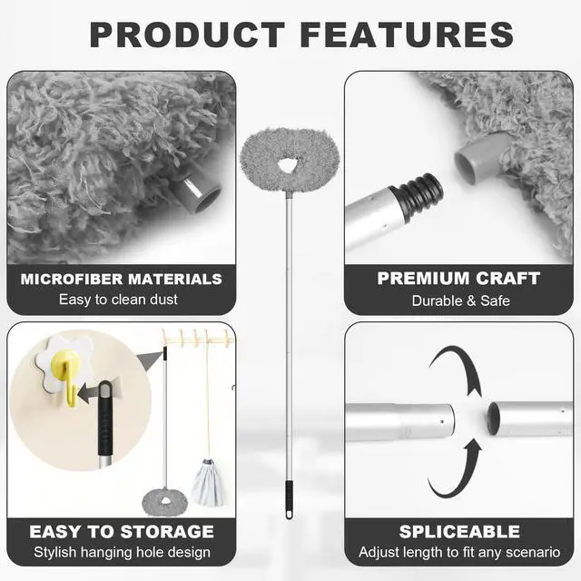 Alt view image 3 of 7 - Ceiling Fan Cleaner Duster - Adjustable Duster with Extension Pole,Dusters for Cleaning Fan Blade, Walls and Cobweb (Grey)