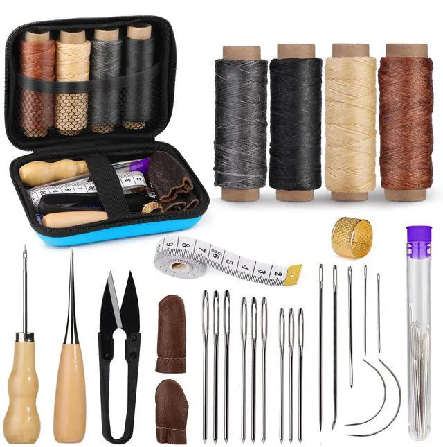 Main image of Leather Sewing Kit, Leather Stitching Kit with Sewing Awl, Needles, Waxed Thread, Upholstery Repair Kit, Heavy Duty Sewing Tools for Hand Stitching Car Seats, Sofa, Carpets, Shoes, DIY Craft