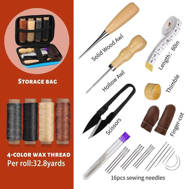 Alt view image 3 of 7 - Leather Sewing Kit, Leather Stitching Kit with Sewing Awl, Needles, Waxed Thread, Upholstery Repair Kit, Heavy Duty Sewing Tools for Hand Stitching Car Seats, Sofa, Carpets, Shoes, DIY Craft