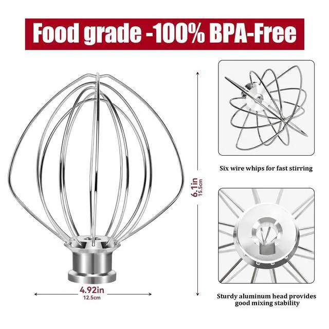 Alt view image 3 of 6 - K45WW 6-Wire Whip Attachment Fits KitchenAid Tilt Head Stand Mixer - Egg Heavy Cream Beater, Cakes Mayonnaise Whisk for Kitchen Aid Mixer Accessory Replacement Parts