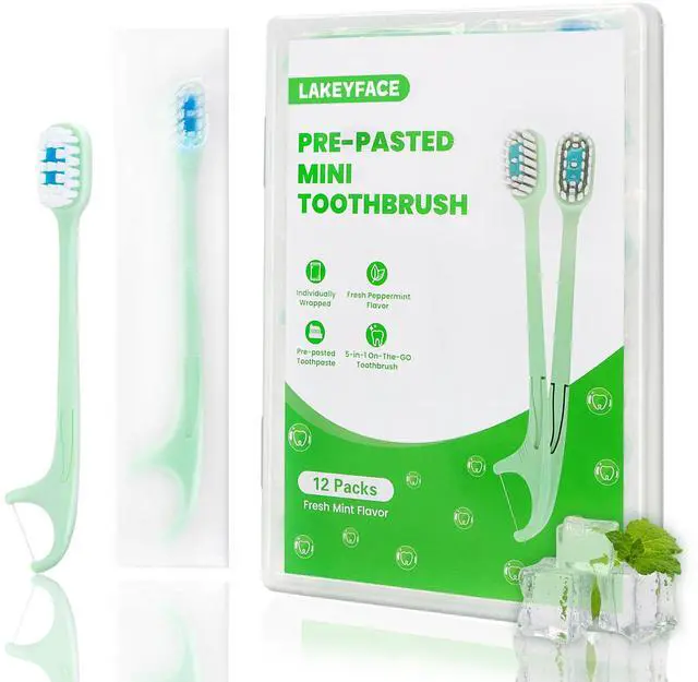 Main image of 5-in-1 Travel Toothbrush Set, Prepasted Disposable Mini Toothbrushes with Toothpaste + Tongue Scrapers + Floss + Pick for Work or Travel, Individually Wrapped, Mint, 12 Pack