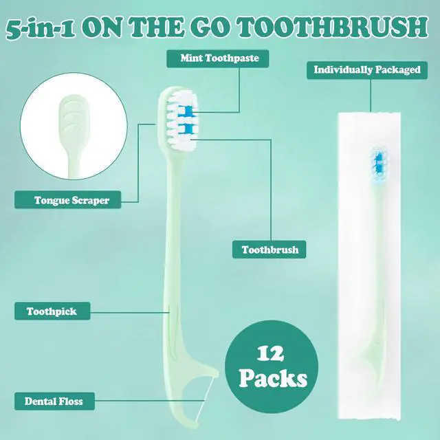 Alt view image 3 of 7 - 5-in-1 Travel Toothbrush Set, Prepasted Disposable Mini Toothbrushes with Toothpaste + Tongue Scrapers + Floss + Pick for Work or Travel, Individually Wrapped, Mint, 12 Pack