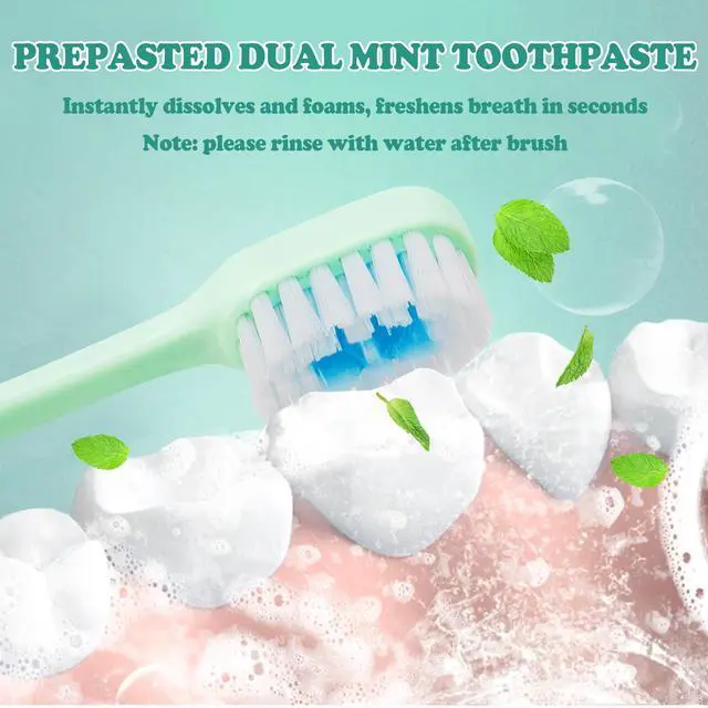 Alt view image 2 of 7 - 5-in-1 Travel Toothbrush Set, Prepasted Disposable Mini Toothbrushes with Toothpaste + Tongue Scrapers + Floss + Pick for Work or Travel, Individually Wrapped, Mint, 12 Pack