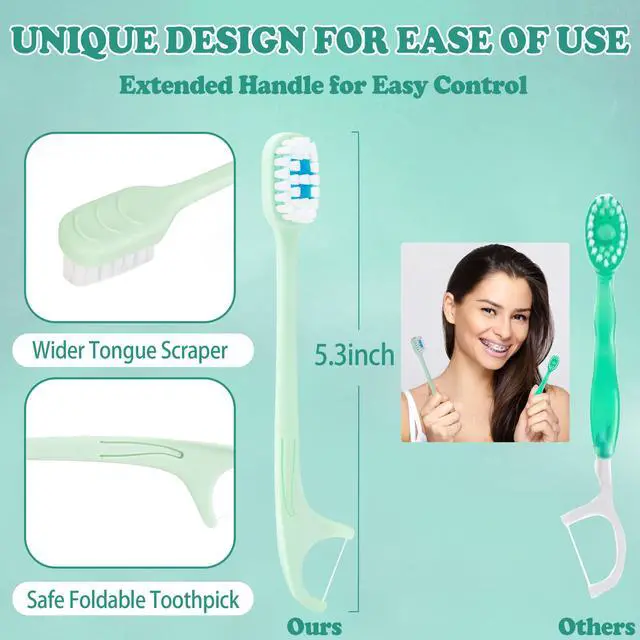 Alt view image 5 of 7 - 5-in-1 Travel Toothbrush Set, Prepasted Disposable Mini Toothbrushes with Toothpaste + Tongue Scrapers + Floss + Pick for Work or Travel, Individually Wrapped, Mint, 12 Pack