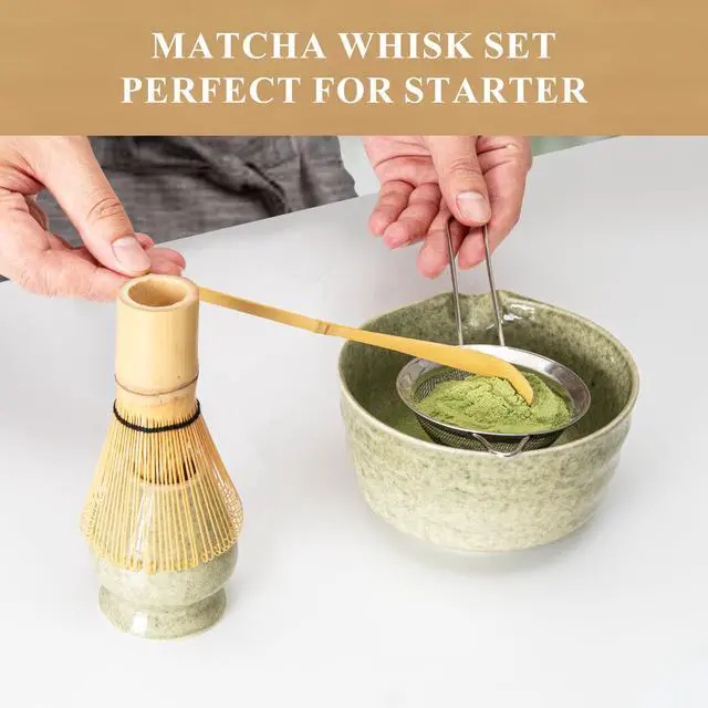 Alt view image 3 of 7 - Matcha Whisk Set, Matcha Making Kit Whisk (Chasen Holder), Ceramic Whisk Holder (Mottled Green), Bamboo Scoop, Powder Starter Sifter, Spoon Japanese Tea Tools For Ceremony Gift