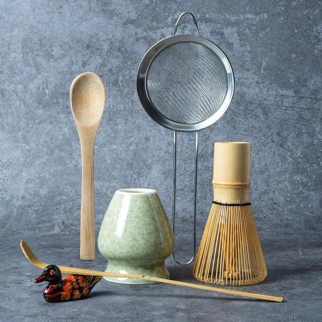 Main image of Matcha Whisk Set, Matcha Making Kit Whisk (Chasen Holder), Ceramic Whisk Holder (Mottled Green), Bamboo Scoop, Powder Starter Sifter, Spoon Japanese Tea Tools For Ceremony Gift