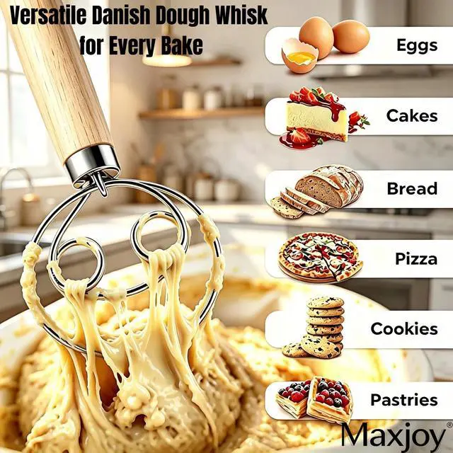 Alt view image 2 of 7 - Danish Dough Whisk, Stainless Steel Wood Handle for Sourdough Bread | Replaces Bread Spoon, Dough Hook & Hand Mixer, 2-Eye Mix-Stir, Rust Resistant, Heavy Duty, Easy Clean, Sourdough Baking Tool