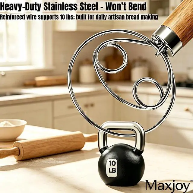 Alt view image 4 of 7 - Danish Dough Whisk, Stainless Steel Wood Handle for Sourdough Bread | Replaces Bread Spoon, Dough Hook & Hand Mixer, 2-Eye Mix-Stir, Rust Resistant, Heavy Duty, Easy Clean, Sourdough Baking Tool