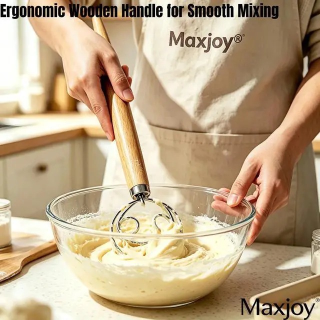 Alt view image 5 of 7 - Danish Dough Whisk, Stainless Steel Wood Handle for Sourdough Bread | Replaces Bread Spoon, Dough Hook & Hand Mixer, 2-Eye Mix-Stir, Rust Resistant, Heavy Duty, Easy Clean, Sourdough Baking Tool