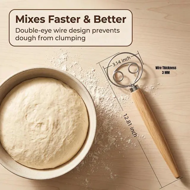 Alt view image 6 of 7 - Danish Dough Whisk, Stainless Steel Wood Handle for Sourdough Bread | Replaces Bread Spoon, Dough Hook & Hand Mixer, 2-Eye Mix-Stir, Rust Resistant, Heavy Duty, Easy Clean, Sourdough Baking Tool