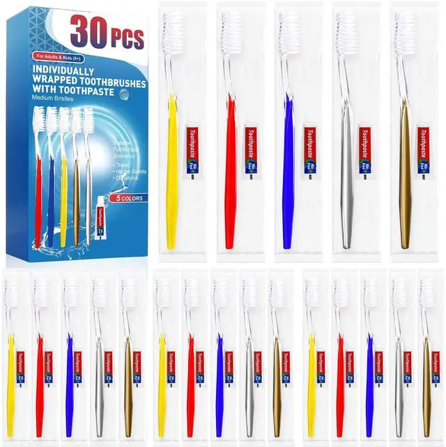 Main image of 30 PCS Bulk Travel Toothbrush Set, Travel Toothbrush with Toothpaste | Bulk Toothpastes, Individually Wrapped Toothbrushes Pack, Ergonomics Handle & Medium Soft Bristle, Perfect for Hotel, Camping