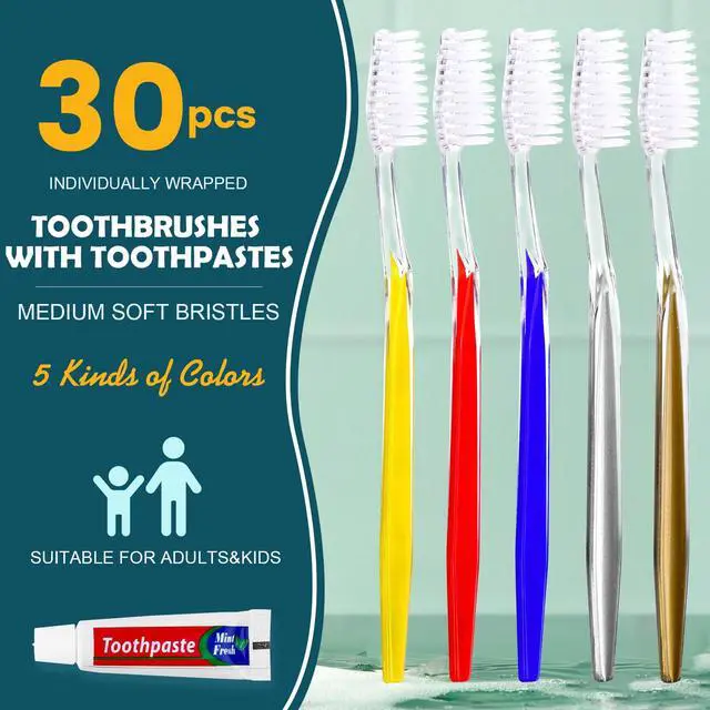 Alt view image 2 of 7 - 30 PCS Bulk Travel Toothbrush Set, Travel Toothbrush with Toothpaste | Bulk Toothpastes, Individually Wrapped Toothbrushes Pack, Ergonomics Handle & Medium Soft Bristle, Perfect for Hotel, Camping