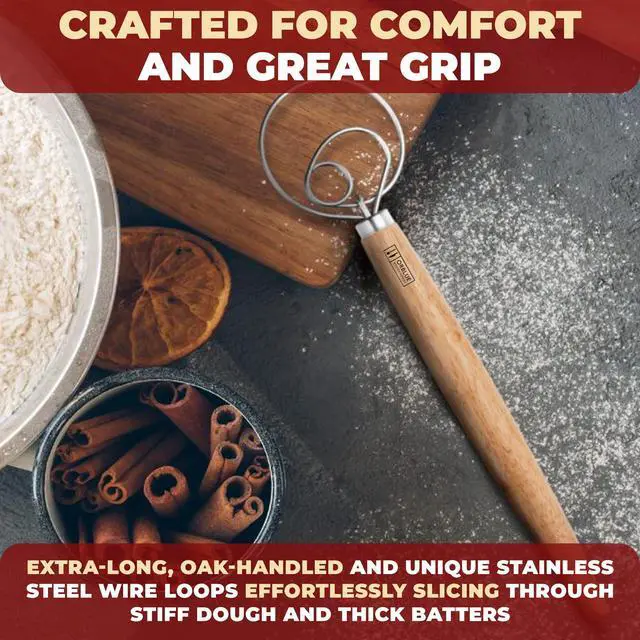 Alt view image 5 of 7 - Premium Danish Dough Whisk - Dutch Whisk with Stainless Steel Ring - Danish Whisk for Bread, Pastry or Pizza Dough, 13-inch 2-PACK