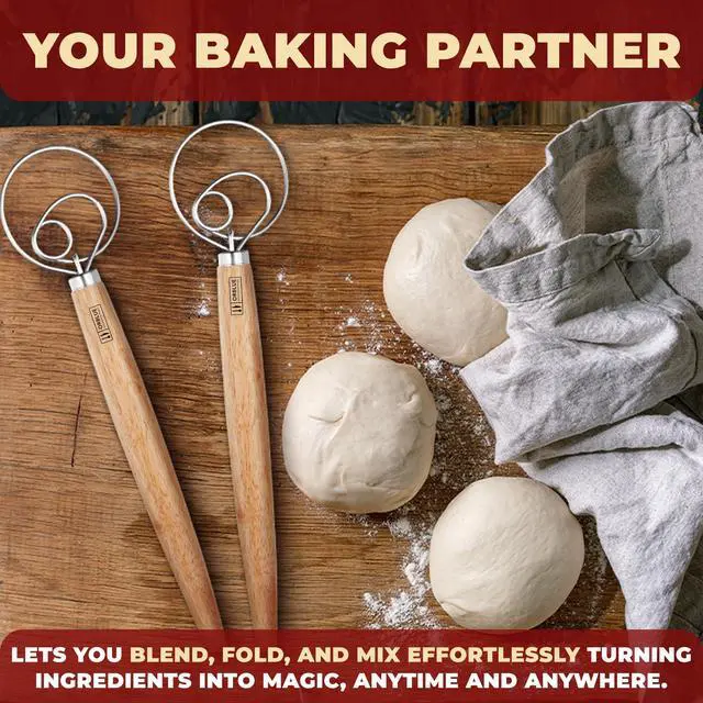Alt view image 7 of 7 - Premium Danish Dough Whisk - Dutch Whisk with Stainless Steel Ring - Danish Whisk for Bread, Pastry or Pizza Dough, 13-inch 2-PACK