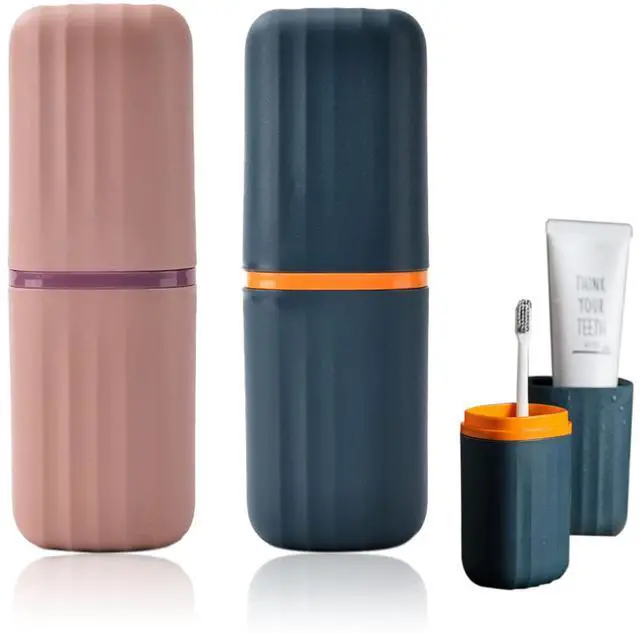 Main image of 2Pcs Travel Toothbrush Cup Case, Portable Toothbrush Holder Case for Traveling, Camping, Business Trip and School, Plastic Toothbrushes Toothpaste Set with Two Colors (Navy blue and Lotus color)