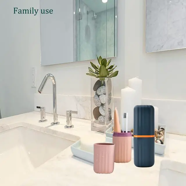 Alt view image 4 of 7 - 2Pcs Travel Toothbrush Cup Case, Portable Toothbrush Holder Case for Traveling, Camping, Business Trip and School, Plastic Toothbrushes Toothpaste Set with Two Colors (Navy blue and Lotus color)