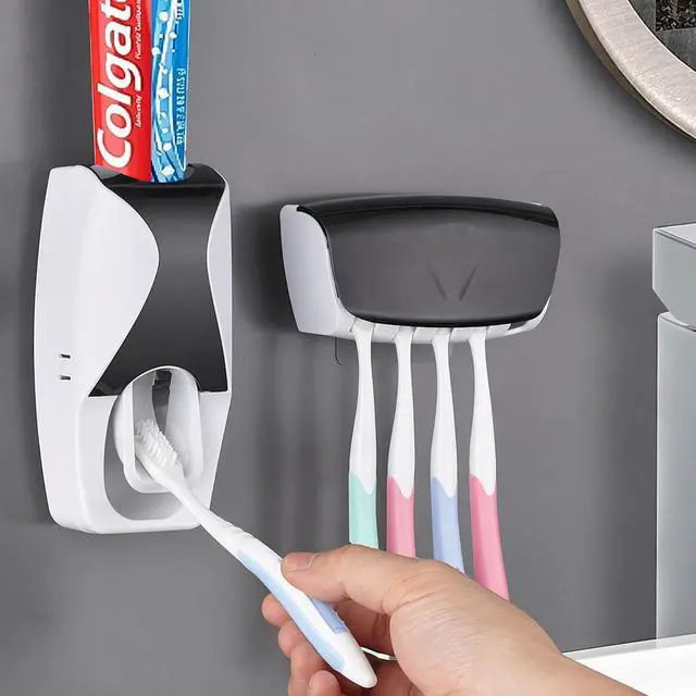 Main image of Automatic Toothbrush Dispenser Wall Mount Toothpaste Squeezer and Toothbrush Holder Set for Kids Family Bathroom Use (Black)