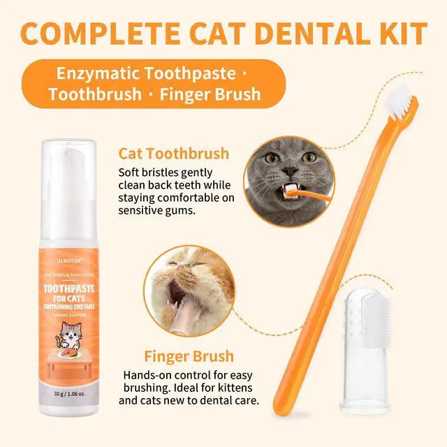 Alt view image 4 of 7 - Cat Dental Kit with Salmon Flavor Toothpaste 1.06 oz | Enzymatic Cat Toothpaste, Includes Toothbrush & Finger Brush | Toothbrush Kit for Kittens Breath Care, Freshens Breath