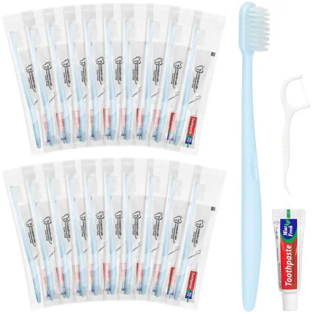 Main image of Disposable Toothbrushes with Toothpaste, Light Blue (30-Pack) | Travel Toothbrush Kit, Individually Packaged, With Floss Picks, Suitable For Hotel, Home, Camping, Travel