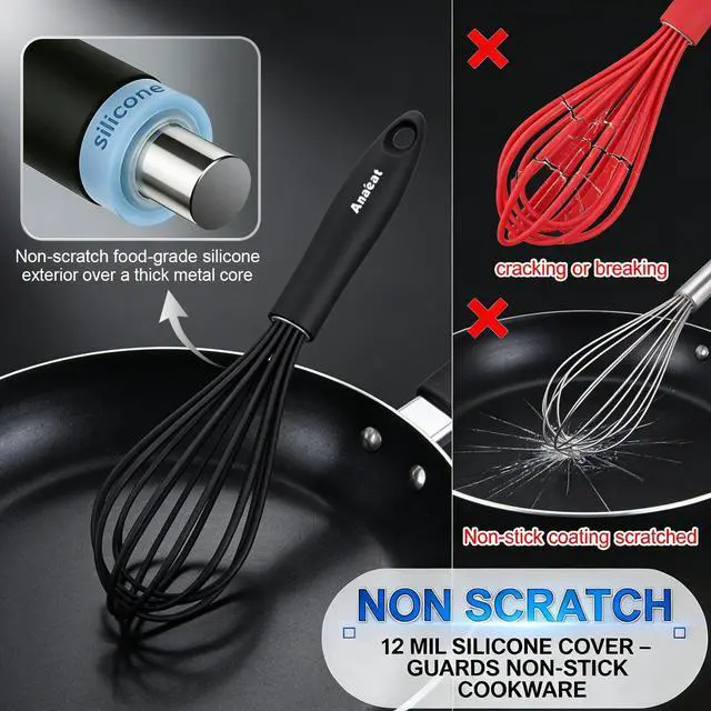 Alt view image 3 of 7 - 9" Silicone Balloon Whisk, Perfect for Non-Stick Cookware, Milk and Egg Beater Blender, Heat Resistant Kitchen Whisks for Whisking, Cooking, Baking, Beating, Frothing & Stirring (Black)