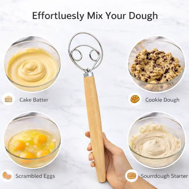 Alt view image 5 of 7 - Danish Dough Whisk for Sourdough Bread 13 Inch Bread Whisk with Wooden Handle 304 Stainless Steel Hook for Heavy Dough Baking, Swedish Dough Whisk Tool