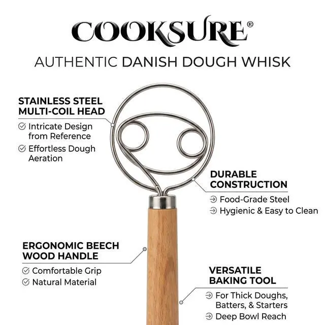 Alt view image 7 of 7 - Danish Dough Whisk for Sourdough Bread 13 Inch Bread Whisk with Wooden Handle 304 Stainless Steel Hook for Heavy Dough Baking, Swedish Dough Whisk Tool