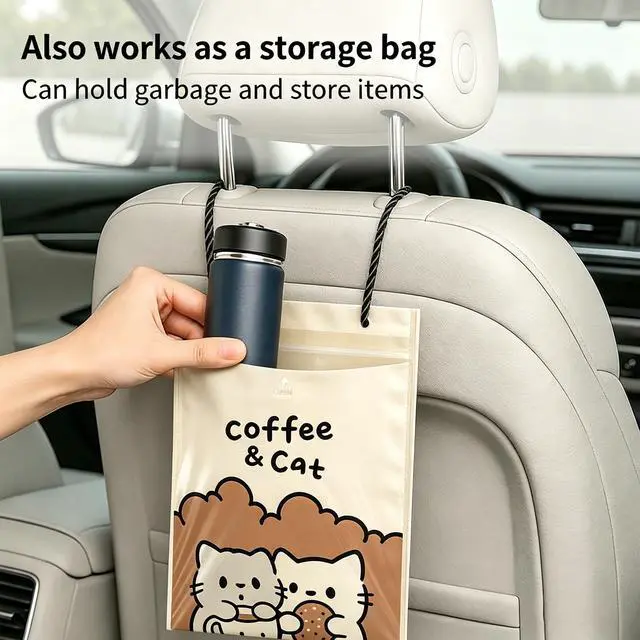 Alt view image 2 of 5 - Hanging Car Trash Bags Disposable,Leakproof,Odor Seal,Easy Stick-On Garbage Bags & Vomit Bags,Self Adhesive Cleaning Bags for Auto,Camping,Travel,Office and Home Use,50pcs (Coffee Brown)