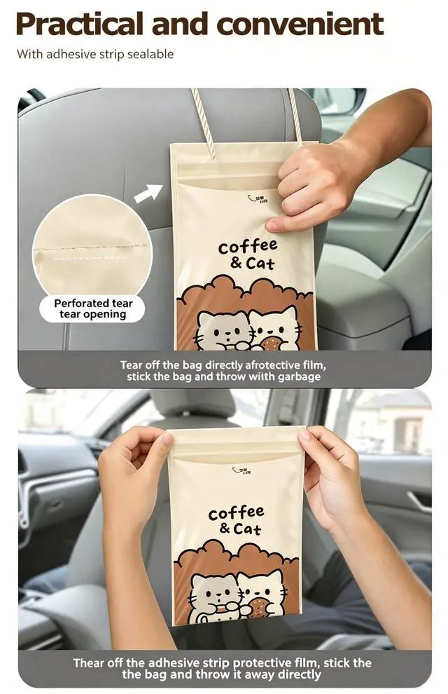 Alt view image 5 of 5 - Hanging Car Trash Bags Disposable,Leakproof,Odor Seal,Easy Stick-On Garbage Bags & Vomit Bags,Self Adhesive Cleaning Bags for Auto,Camping,Travel,Office and Home Use,50pcs (Coffee Brown)