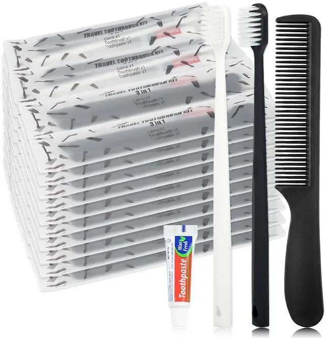 Main image of Travel Toothbrush Set Individually Wrapped Black & White (10-Pack) | Disposable Toothbrushes with Toothpaste 5g Comb Bulk Tooth Brush Set Portable for Hotel Airbnb Shelter Charity