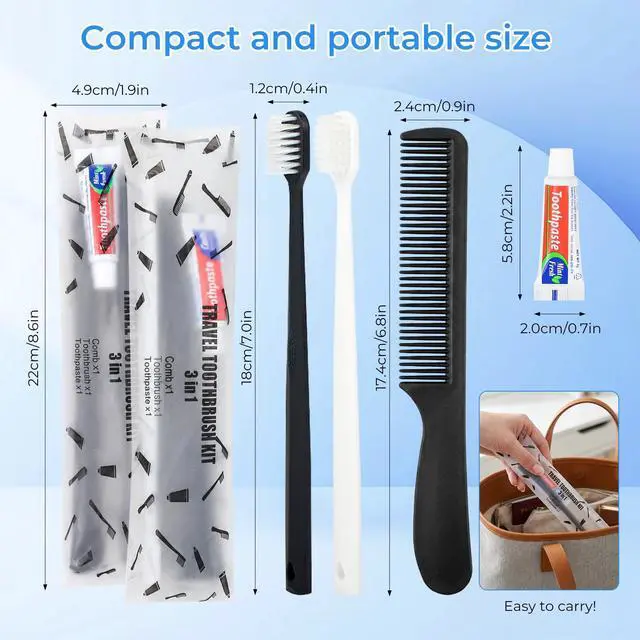 Alt view image 2 of 6 - Travel Toothbrush Set Individually Wrapped Black & White (10-Pack) | Disposable Toothbrushes with Toothpaste 5g Comb Bulk Tooth Brush Set Portable for Hotel Airbnb Shelter Charity