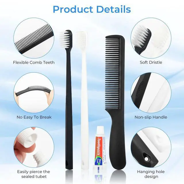 Alt view image 3 of 6 - Travel Toothbrush Set Individually Wrapped Black & White (10-Pack) | Disposable Toothbrushes with Toothpaste 5g Comb Bulk Tooth Brush Set Portable for Hotel Airbnb Shelter Charity