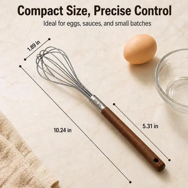 Alt view image 2 of 7 - Mini Whisk 10 Inch, 304 Stainless Steel Small Wire Whisk with Walnut Wood Handle, Hand Egg Beater for Cooking, Baking, Mixing Eggs, Coffee, Sauces, Dressing and Gravy, 1 Count