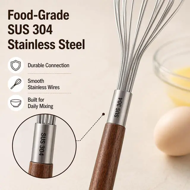 Alt view image 3 of 7 - Mini Whisk 10 Inch, 304 Stainless Steel Small Wire Whisk with Walnut Wood Handle, Hand Egg Beater for Cooking, Baking, Mixing Eggs, Coffee, Sauces, Dressing and Gravy, 1 Count