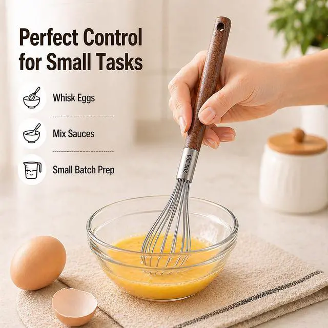 Alt view image 4 of 7 - Mini Whisk 10 Inch, 304 Stainless Steel Small Wire Whisk with Walnut Wood Handle, Hand Egg Beater for Cooking, Baking, Mixing Eggs, Coffee, Sauces, Dressing and Gravy, 1 Count