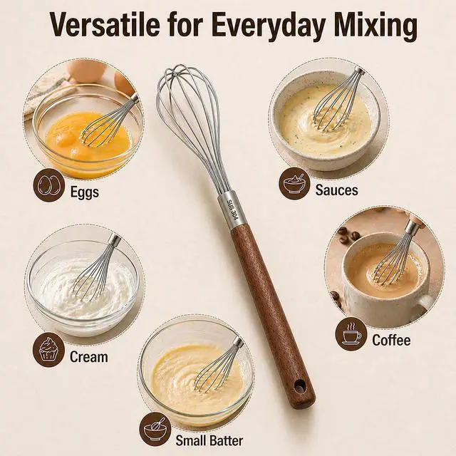 Alt view image 5 of 7 - Mini Whisk 10 Inch, 304 Stainless Steel Small Wire Whisk with Walnut Wood Handle, Hand Egg Beater for Cooking, Baking, Mixing Eggs, Coffee, Sauces, Dressing and Gravy, 1 Count
