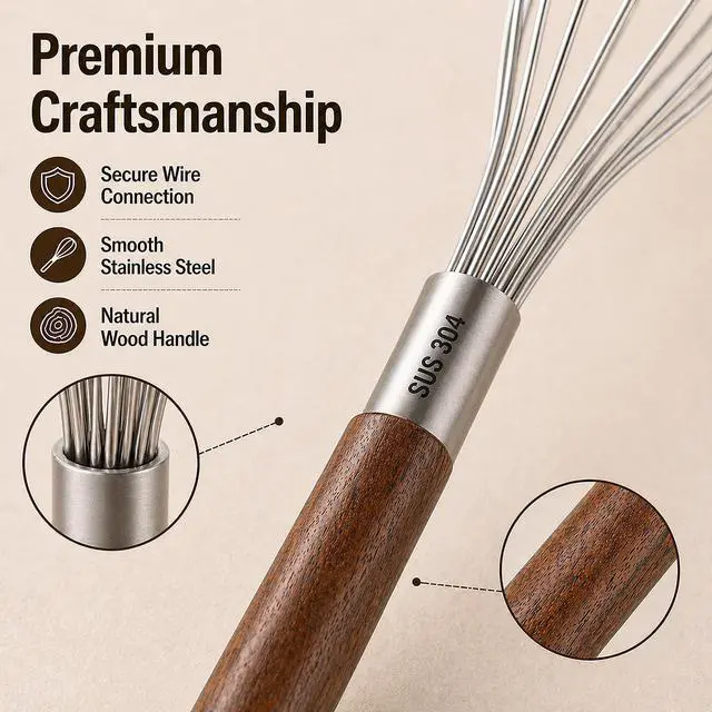 Alt view image 7 of 7 - Mini Whisk 10 Inch, 304 Stainless Steel Small Wire Whisk with Walnut Wood Handle, Hand Egg Beater for Cooking, Baking, Mixing Eggs, Coffee, Sauces, Dressing and Gravy, 1 Count