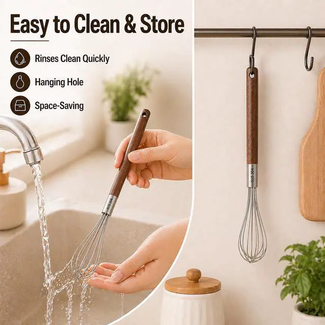 Alt view image 6 of 7 - Mini Whisk 10 Inch, 304 Stainless Steel Small Wire Whisk with Walnut Wood Handle, Hand Egg Beater for Cooking, Baking, Mixing Eggs, Coffee, Sauces, Dressing and Gravy, 1 Count