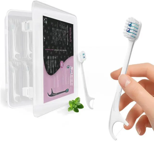 Main image of 5-in-1 Travel Toothbrush, Disposable Toothbrushes with Toothpaste, Floss, Toothpick, Tongue Scraper, Individually Wrapped Disposable Toothbrushes, 5.3" Extended Handle, White, 12 Count