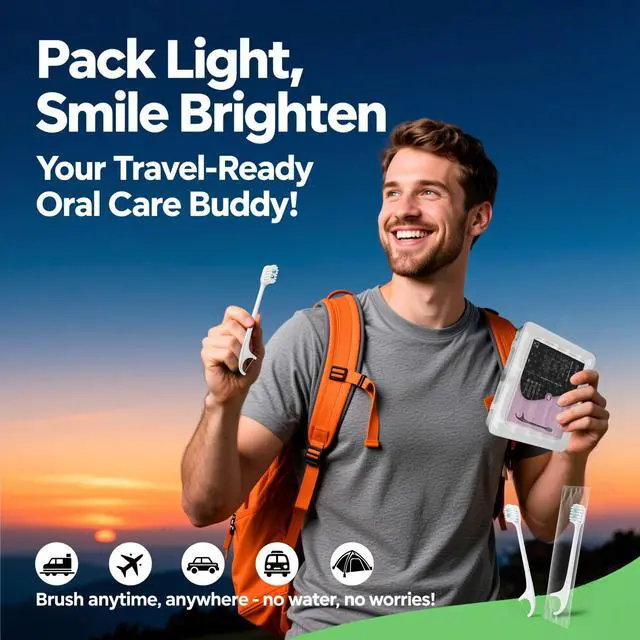 Alt view image 2 of 7 - 5-in-1 Travel Toothbrush, Disposable Toothbrushes with Toothpaste, Floss, Toothpick, Tongue Scraper, Individually Wrapped Disposable Toothbrushes, 5.3" Extended Handle, White, 12 Count