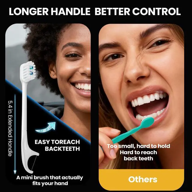 Alt view image 6 of 7 - 5-in-1 Travel Toothbrush, Disposable Toothbrushes with Toothpaste, Floss, Toothpick, Tongue Scraper, Individually Wrapped Disposable Toothbrushes, 5.3" Extended Handle, White, 12 Count