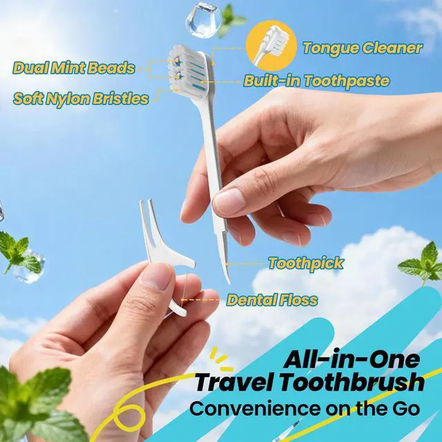 Alt view image 7 of 7 - 5-in-1 Travel Toothbrush, Disposable Toothbrushes with Toothpaste, Floss, Toothpick, Tongue Scraper, Individually Wrapped Disposable Toothbrushes, 5.3" Extended Handle, White, 12 Count