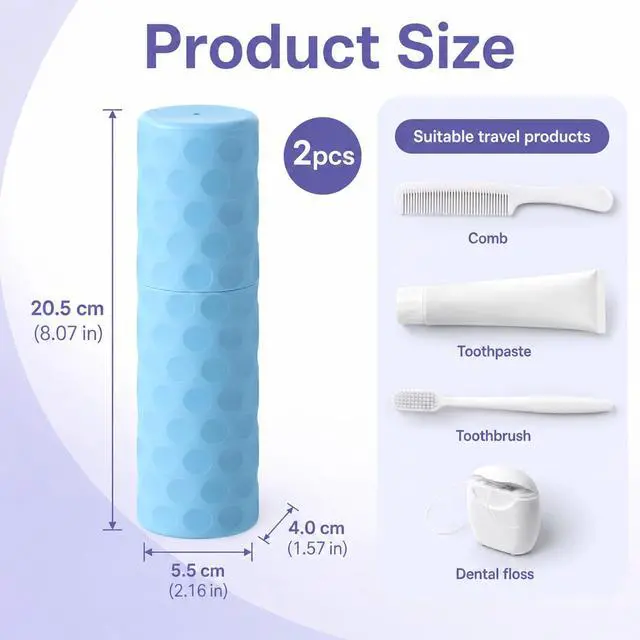 Alt view image 2 of 7 - 2Pcs Toothbrush Holder Travel Portable Couple Toothbrush Travel Case | Tooth Brush Holder for Travel with Dot Travel Toothpaste Container for Home, Travel, Business, Camping, 8.07× 2.56× 2.17"