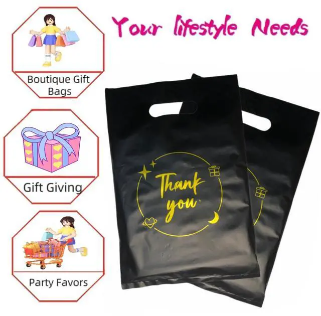 Alt view image 3 of 7 - 100PCS Black Thank You Gift bag, reusable plastic bag with suitable for boutiques,retail shopping,weddings, birthdays,Thanksgiving,Christmas,business gifts, stores,party and boutique bags,(6"x8")