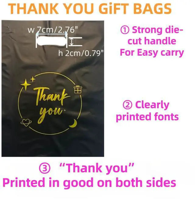 Alt view image 4 of 7 - 100PCS Black Thank You Gift bag, reusable plastic bag with suitable for boutiques,retail shopping,weddings, birthdays,Thanksgiving,Christmas,business gifts, stores,party and boutique bags,(6"x8")